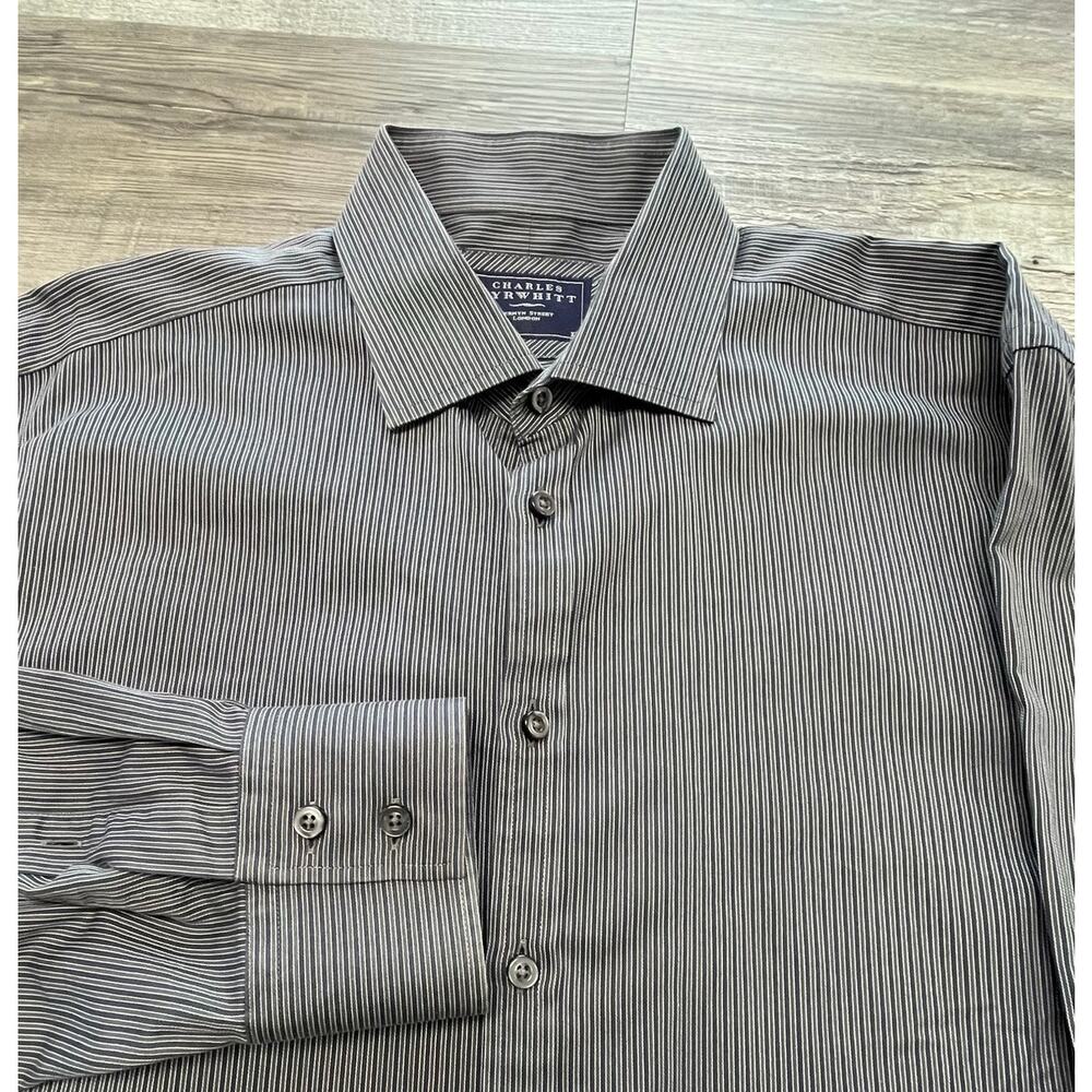 Charles Tyrwhitt Pinstripe Gray Black Mens XL Cotton Long Sleeve Button Up Shirt